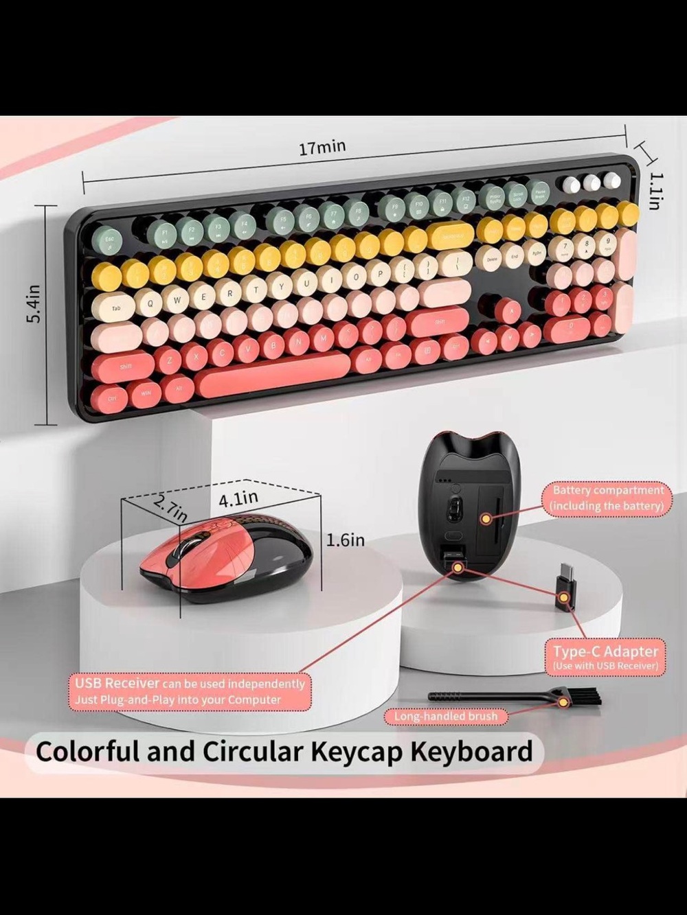 Wireless Retro Round-Key Keyboard & Matching Mouse - Multicolor - Picture 5 of 8